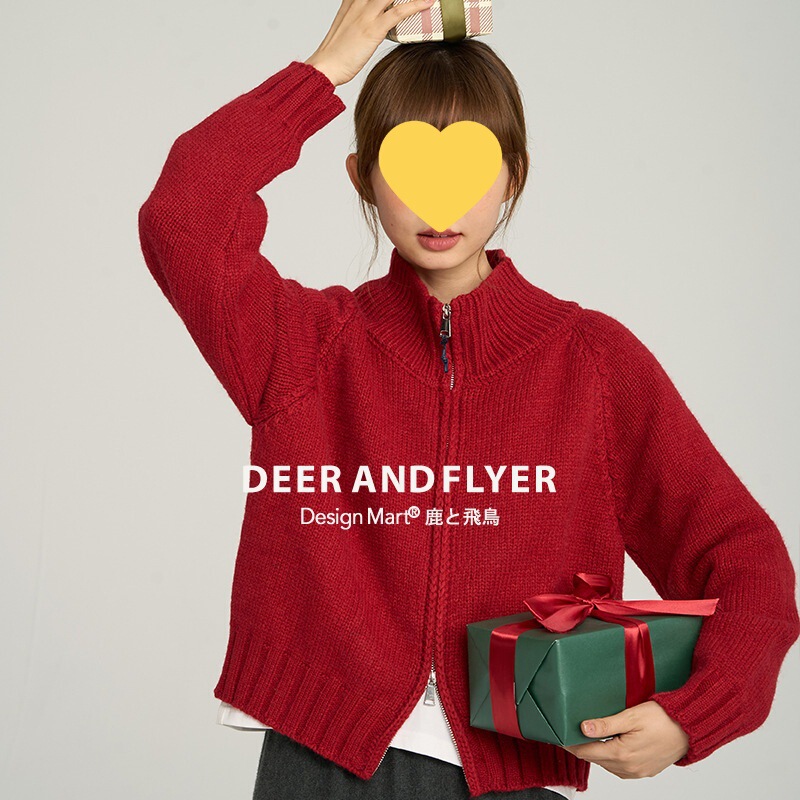 Deer and Birds 2025 Winter Red Knitted Long Sleeve Double Zipper Cardigan Sweater Deer and Birds 2025 Winter Red Knitted Long Sleeve Double Zipper Cardigan Sweater