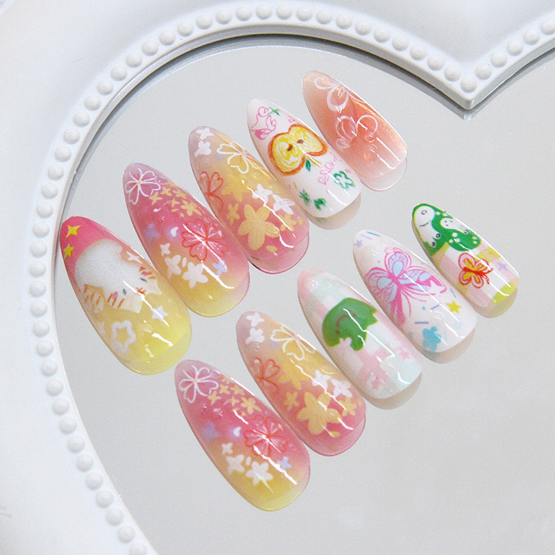 外贸水果气泡蝴蝶花朵猫咪ins风可拆卸美甲24片press on nails|undefined