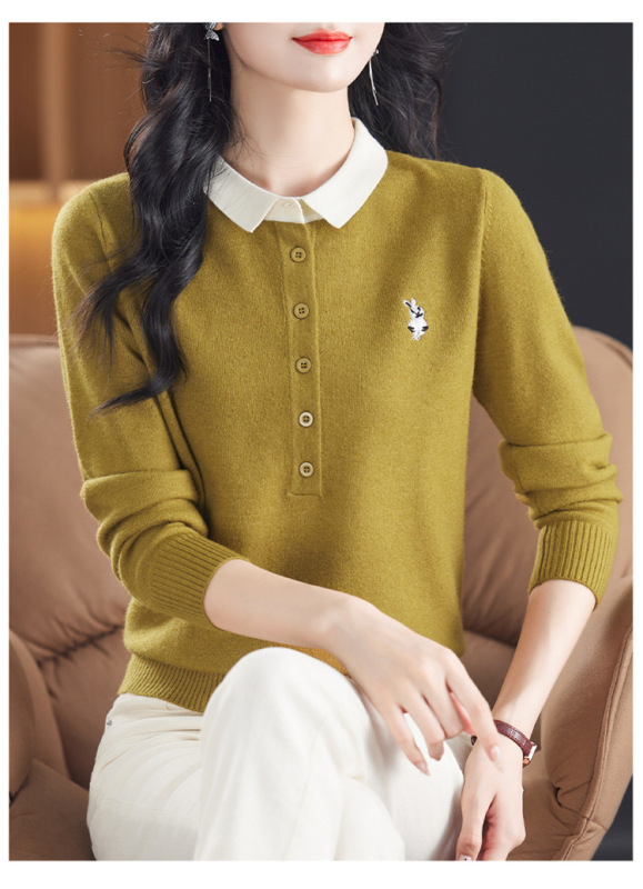 春秋装桑蚕丝长袖t恤女polo领粉色针织洋气上衣妈妈打底小衫|undefined