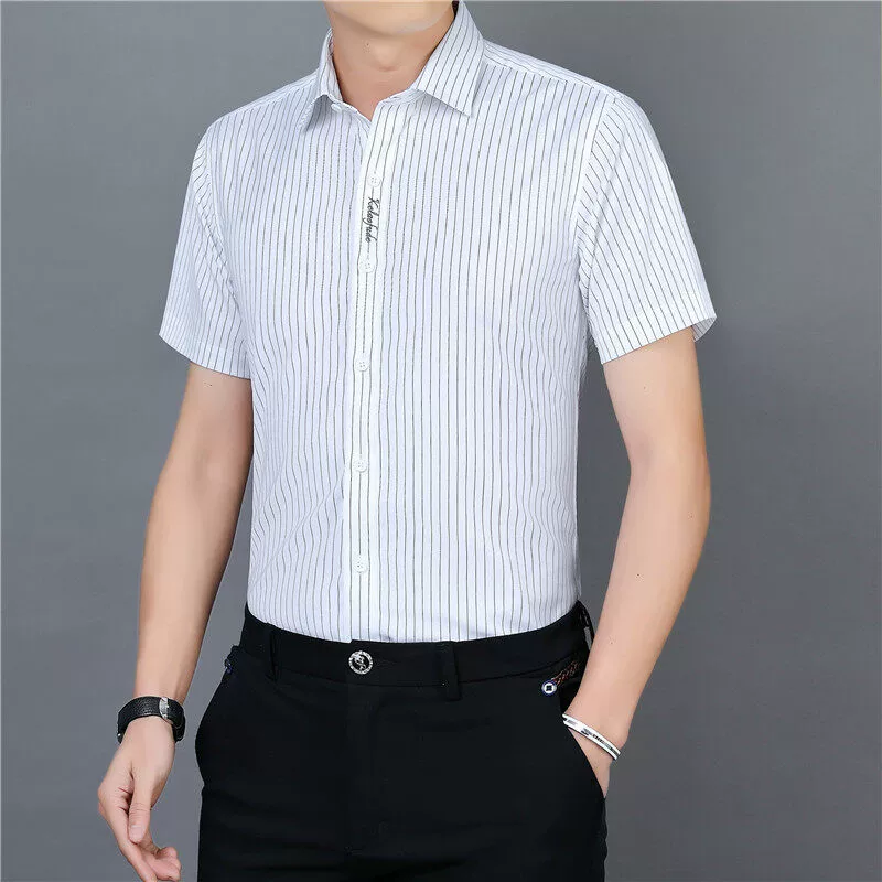 Лето 2025 года [основной толчок взрывной модели] высококачественная рубашка против морщин в полоску с вышивкой с короткими рукавами 88190