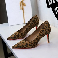 8353-A European and American style banquet leopard print high heels, slim heels, fashionable suede, pointed toe, shallow mouth, one foot kick, socialite single shoes