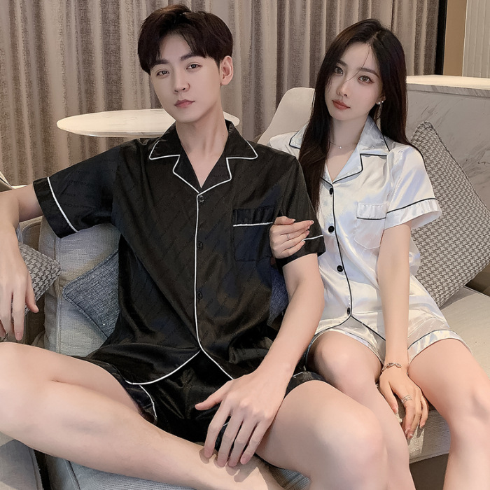 Pajamas de pareja de seda de alto nivel de verano de mujeres de manga corta grande set de seda delgada de verano ropa para el hogar de hombres