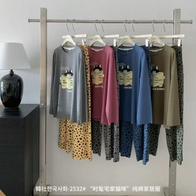 2532#韩社时髦宅家猫咪纯棉家居服套装女秋冬休闲宽松长袖睡衣