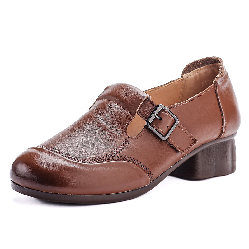 Top-layer Cowhide Mary Jane Spring And Autumn Style, Chunky Heel Single Simple Mid-heel Soft-soled Shoes, Versatile_vogvips.com