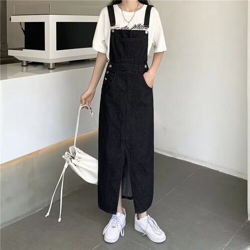 Age-defying adjustable slit denim belt dress for women, autumn women's clothing, high-waisted medium-length dress