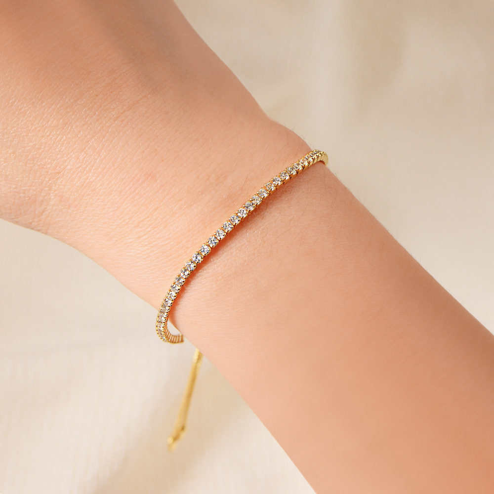 Venta caliente transfronteriza suministro de una sola fila diamante completo 2mm ronda ZIRCON pull ajustable s925 pulsera de plata para las mujeres