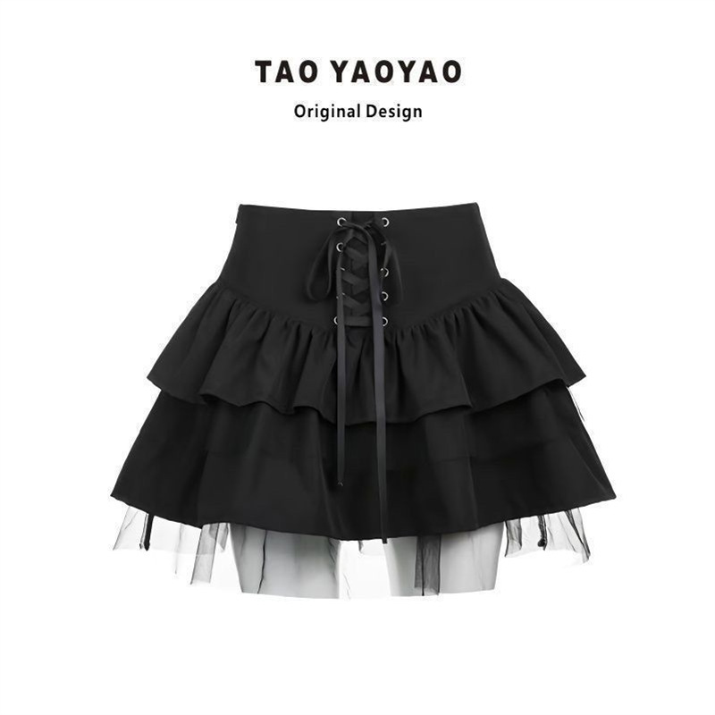Dark Mesh Splicing Summer New French Waist Tutu Skirt Hot Girl Versatile Lace-Up Slimming Cake Skirt Dark Mesh Splicing Summer New French Waist Tutu Skirt Hot Girl Versatile Lace-Up Slimming Cake Skirt
