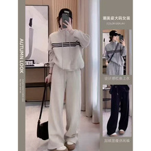 韩版潮流三条杠高领休闲卫衣女2025春秋季薄款休闲阔腿裤两件套装