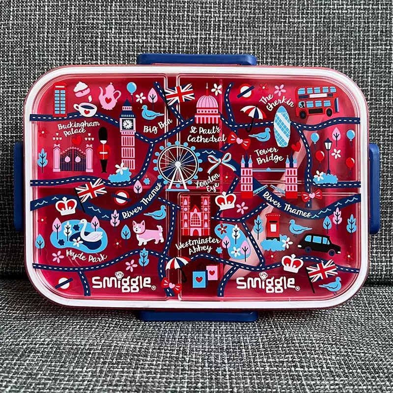 Caja de almuerzo con hebilla de múltiples cuadrículas para niños smiggle Caja de almuerzo de plástico de comida ligera para estudiantes con vajilla Caja de almuerzo