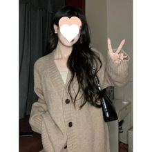 慵懒风V领毛衣外套女加厚秋秋新款复古设计感中长款针织开衫上衣