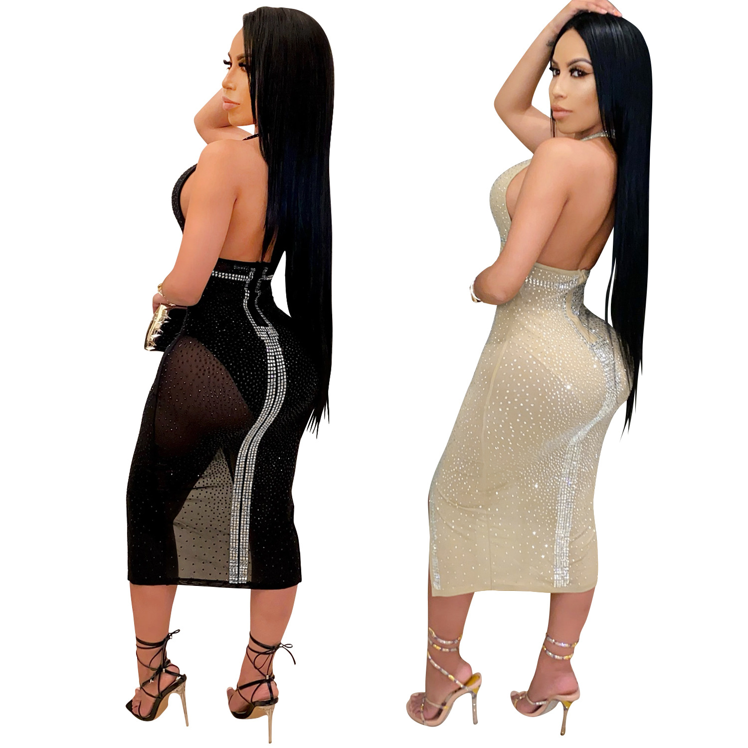 X3732 moda europea y americana nueva Amazon AliExpress sexy nightclub malla ver-a través de la ropa de las mujeres vestido de diamantes de imitación caliente image 6