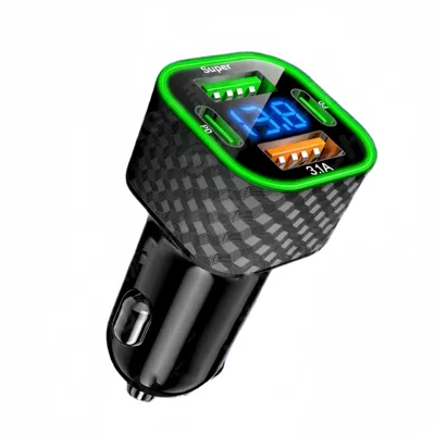 Mobil şarj cihazları: Car Adapter Car Charger with - opp-bag-four-port-square-digital-display-super-fast-charge-2usb2c