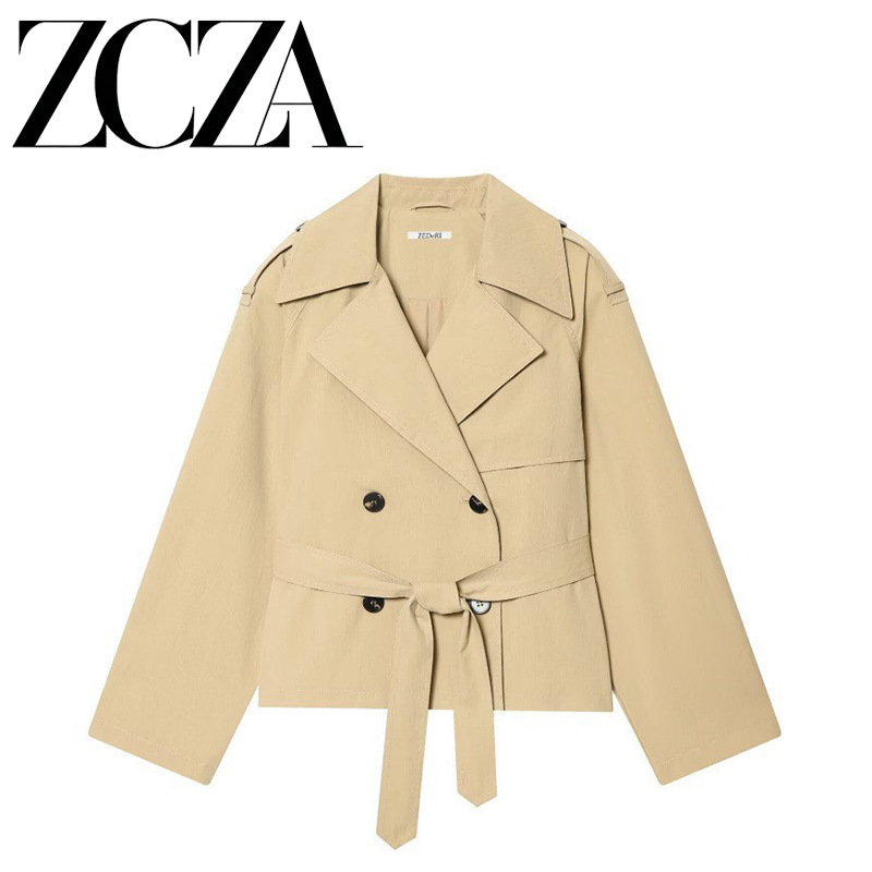 Zcza Self-Made European and American Style New Women's Fashion Versatile Cross-Border Casual Short Trench Coat with Belt and Shoulder Pads Zcza Self-Made European and American Style New Women's Fashion Versatile Cross-Border Casual Short Trench Coat with Belt and Shoulder Pads