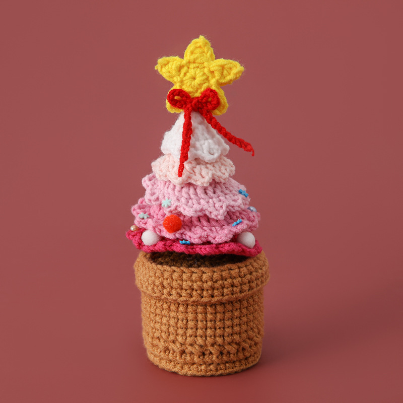 クリスマス5層毛糸鉢植え手作りニット雪菲毛糸鉤織クリスマスツリー宴会デスクトップクリエイティブ置物|undefined