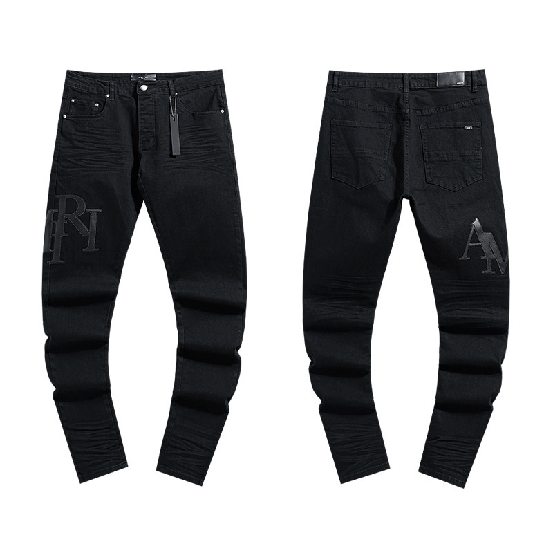 2025 Spring and Autumn New Style A@Mi Leather Label Letter Pattern Slim Jeans for Men and Women Same Style One Piece Wholesale Dropshipping