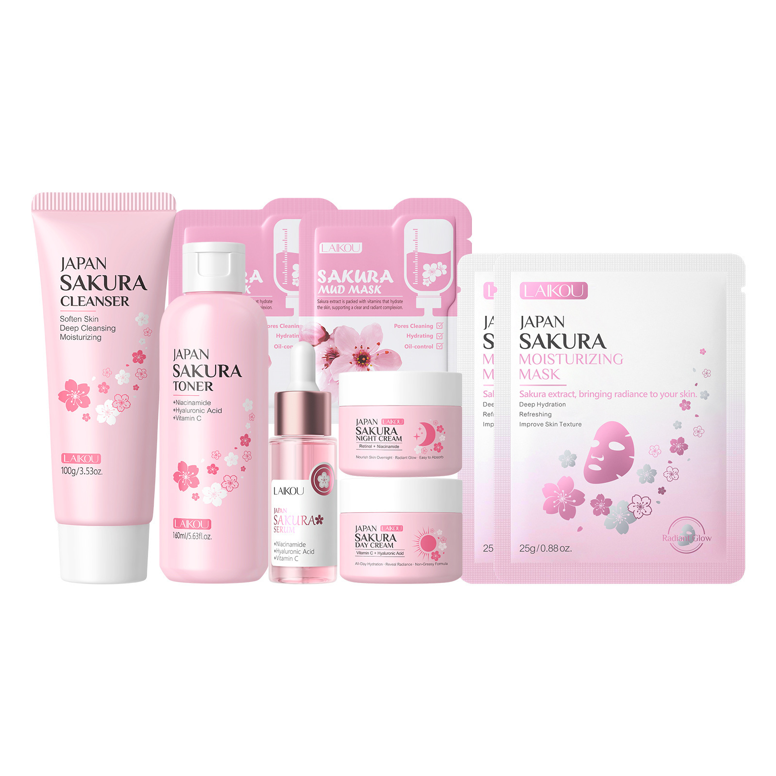 Nuevos productos transfronterizos LAIKOUFENYIQUIYUM combinación de flores de cerezo leche caracol paquete de cuidado de la piel comercio exterior en stock