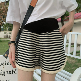 Pregnant Women's Shorts Summer Outer Wear Abdomen-supporting Adjustable Pregnant Women's Pants Wide-leg Pants Large Size Striped Base Thin Anti-light