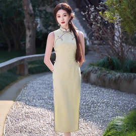 提花双层2025新中式旗袍无袖立领开衩连衣裙女气质复古民国风旗袍