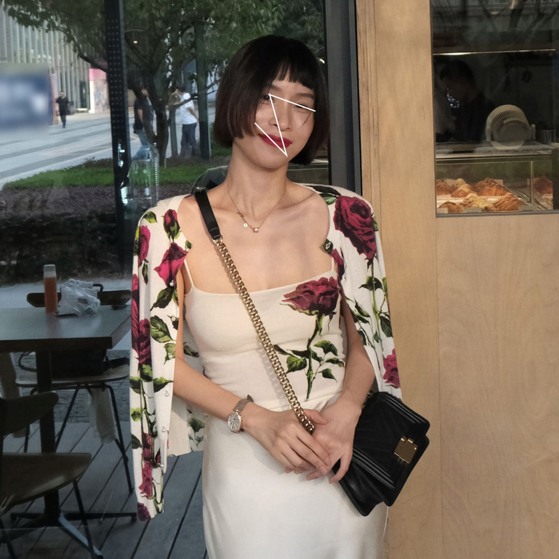 现货法式复古玫瑰印花开衫露肩修身吊带背心包臀半身裙中长套装夏|undefined