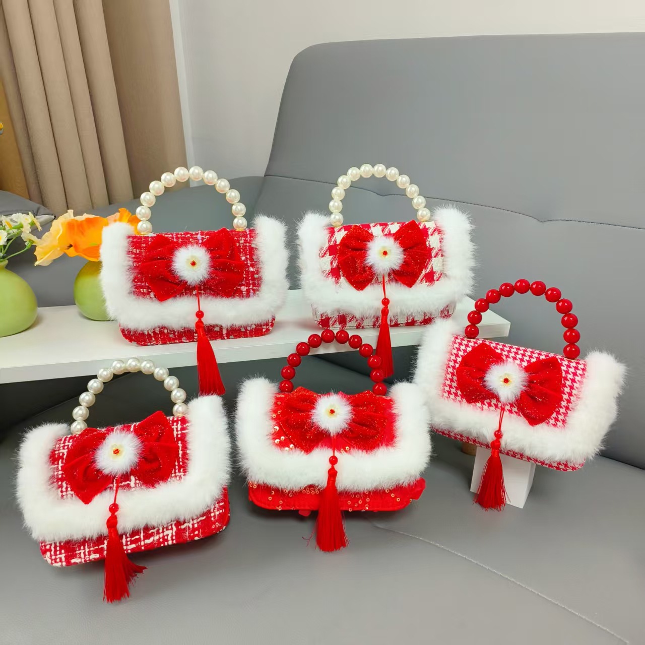 Bolso de la princesa portátil de perlas de Año Nuevo gran rojo para niños bolso de Año Nuevo bolso de chicas bolso de cadena pequeña bolsa de accesorios de viento fragante