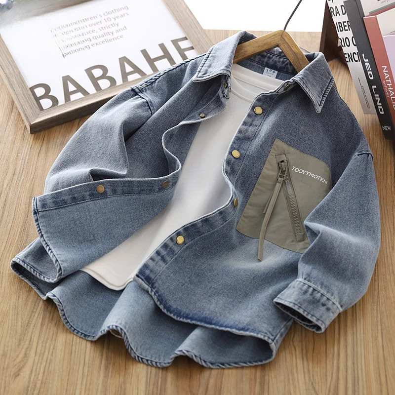 Genius Whale Boys' Denim Jacket Spring and Autumn Children's Cardigan for Older Boys New Spring Outfit Boys' Outdoor Children's Top