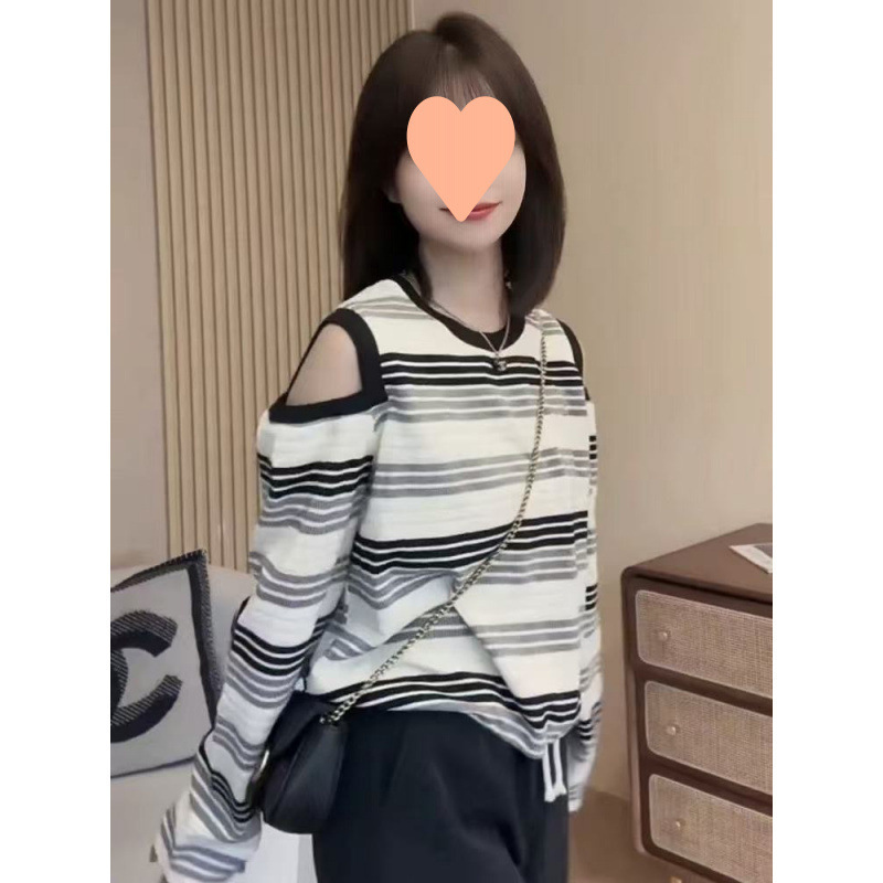 条纹露肩长袖T恤女2025新款爆款早秋季设计感独特漂亮超好看上衣|undefined