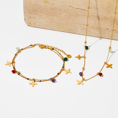 十字架天然石流蘇吊墜項鍊手鍊一套 不鏽鋼項鍊跨境外貿時尚飾品