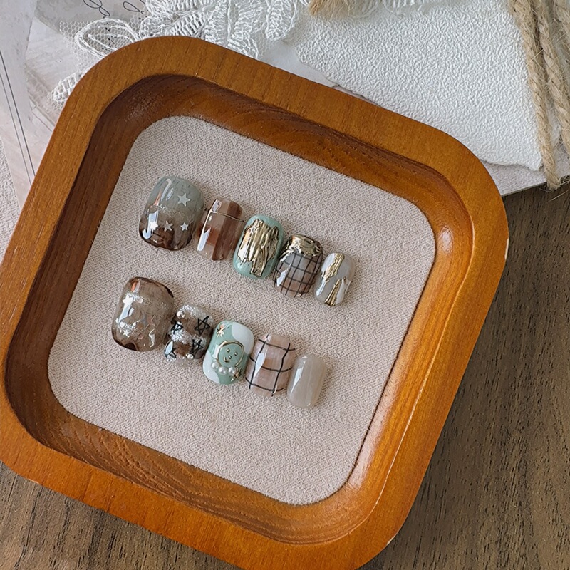 Instagram-Style Niche Sweet-Cool Press-On Nails, Mint Green and Maillard Brown, Plaid Stars and Smiley Faces, Purely Handmade Gel Nails Instagram-Style Niche Sweet-Cool Press-On Nails, Mint Green and Maillard Brown, Plaid Stars and Smiley Faces, Purely Handmade Gel Nails