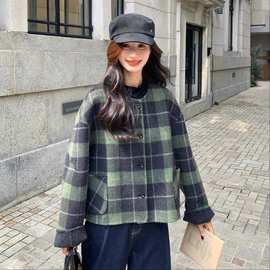 韩系格子保暖双面呢羊毛外套女2025新款宽松显瘦时尚减龄百搭大衣