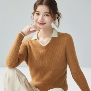 撞色拼接假两件100%纯山羊绒衫女士翻领套头毛衣休闲百搭针织上衣