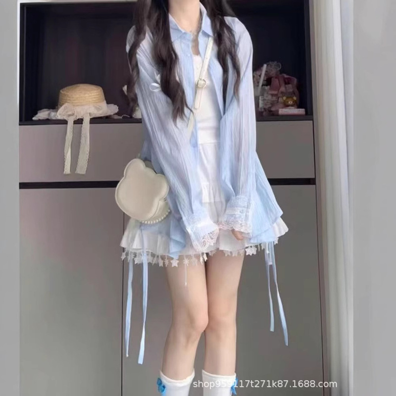 2025 Korean Design Lace Splicing Shirt Jacket Women's Summer Thin Loose Casual Sun Protection Shirt Outer Wear