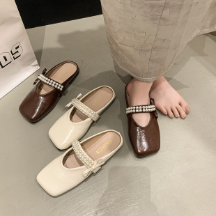 Summer French Half Slippers Women's Outwear Non-Heeled Lazy Shoes Women's Internet Celebrity Half Slippers Skirt Fashion Shoes Low Heel