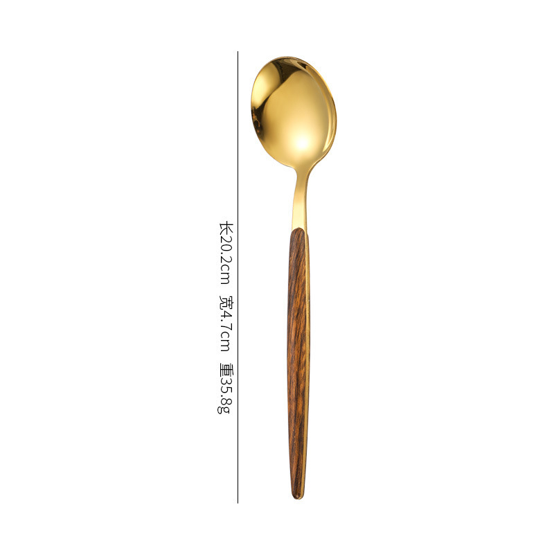 Cuchillo de acero inoxidable y tenedor cuchara Internet celebridad grano de madera cuchara portuguesa tenedor cuchillo de carne occidental y tenedor postre cuchara pequeña Tenedor de fruta al por mayor