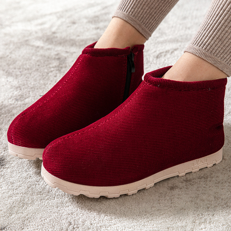 Middle-Aged and Elderly Women's Velvet Thick-Soled Non-Slip Traditional Handmade Cotton Shoes Winter Warm Snow Boots Home Bag-Heeled Slippers