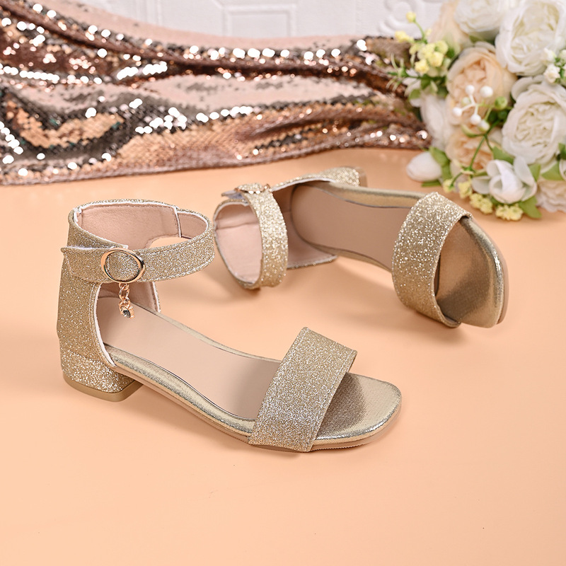 Cross-Border Popular Kidsren's High-Heeled Sandals for Girls Aged 3-14 Years Old, Korean Style Girls' Student Princess Shoes, Korean Style European and American