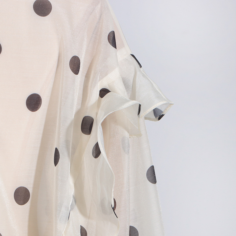 Australian Show Polka Dot Set Women Trendy Scarf Collar Ruffled Shirt Top Long Skirt Sets