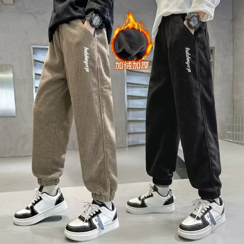 Детские брюки для мальчиков осень 2024 новые весенние и осенние мальчики брюки бархатные толстые зимние спортивные брюки