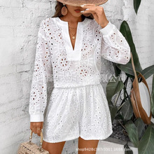 跨境2024夏季欧美外贸女装速卖通衬衫短裤宽松V领套装休闲两件套