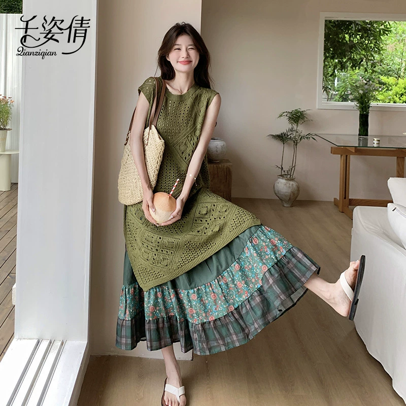 Комплект одежды в лесном стиле, цветочная юбка-миди, многослойное японское литературное ретро-ленивое свободное зеленое платье без рукавов