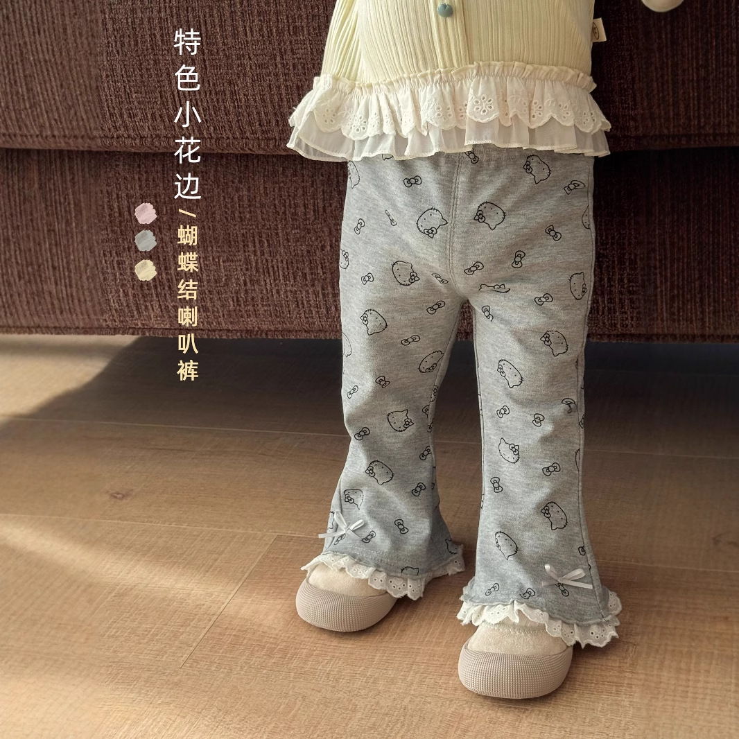 Girls' Korean Style Bell-Bottom Pants, Small Left and Right Pockets, Summer Baby Polka Dot Pants, Children's Full-Print Cartoon Cat Leggings
