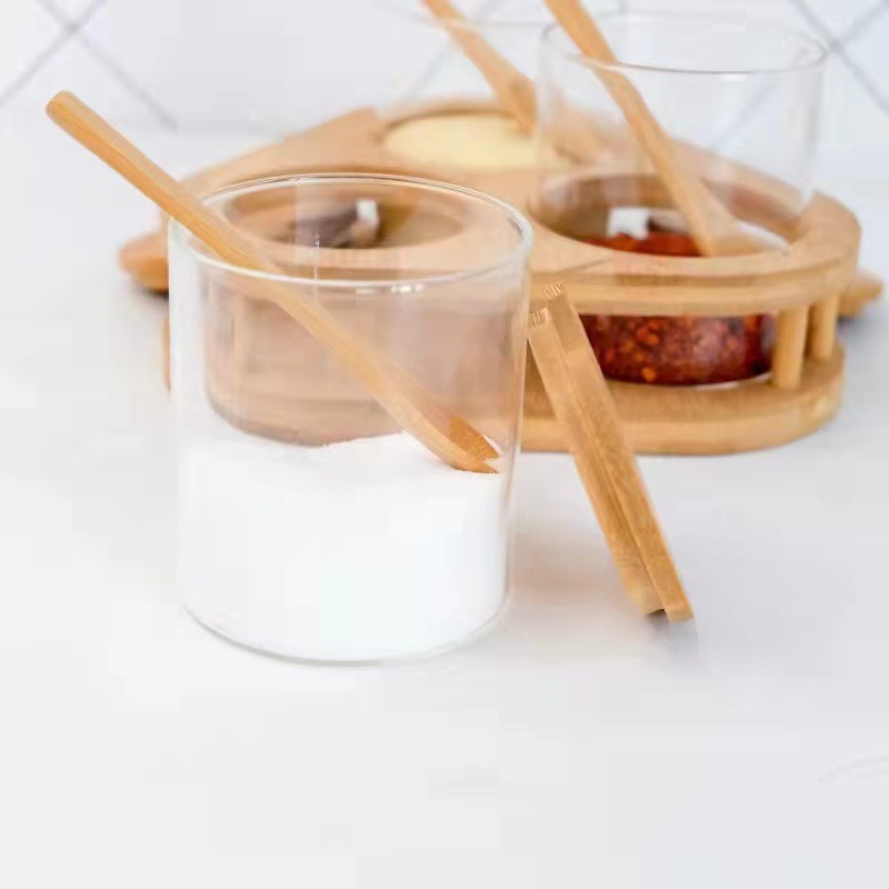 Vidrio borosilicato condimento caja combinación traje con tapa cuchara hogar cocina condimento tarro condimento caja cocina tarro