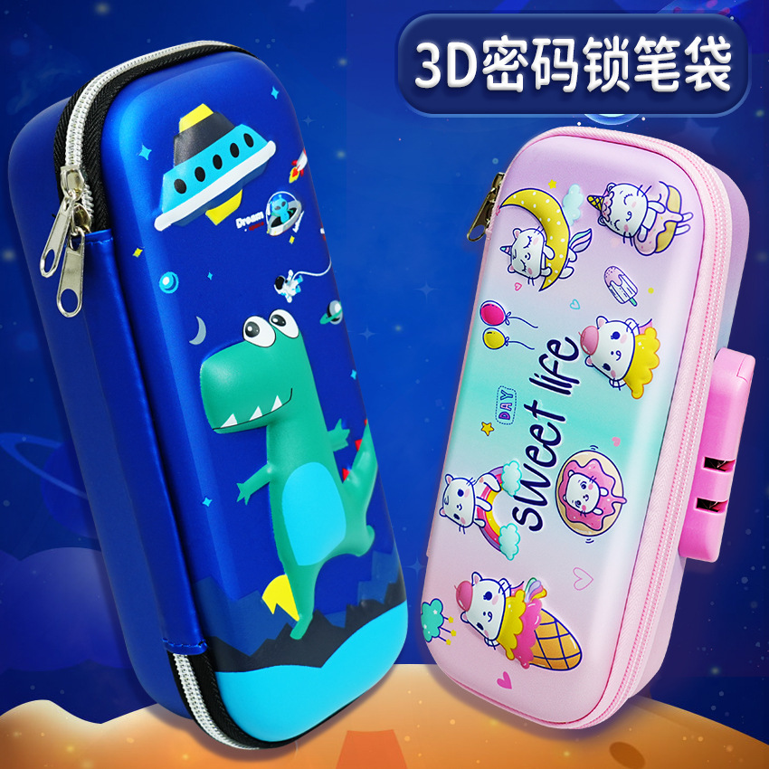 Bolsa de lápiz de gran capacidad para niños caja de papelería de bloqueo de contraseña al por mayor estudiantes de primaria multifuncional dibujos animados 3D caja de lápiz estéreo