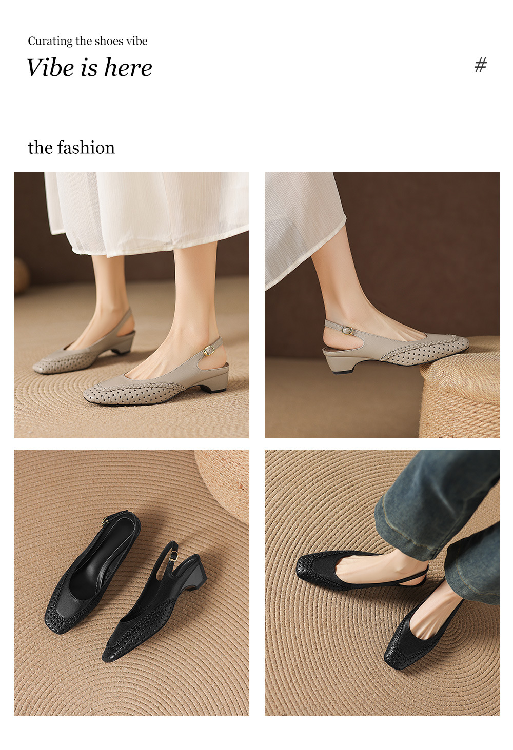 Sandal nữ gót thấp 3.5cm da cừu dệt mũi vuông kiểu Pháp quai một dây — đen chi tiết 1
