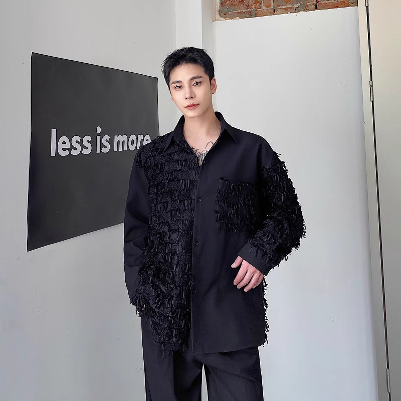 秋季新款个性流苏拼接长袖衬衫男潮流复古翻领宽松衬衫165585