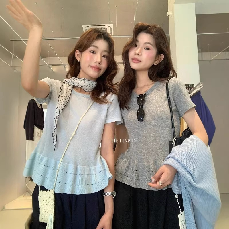 Lemon Green Tea Summer Simple Design Pleated Lace Waist-Cinching Slim-Fit Round Neck Short-Sleeve Knit Top for Women