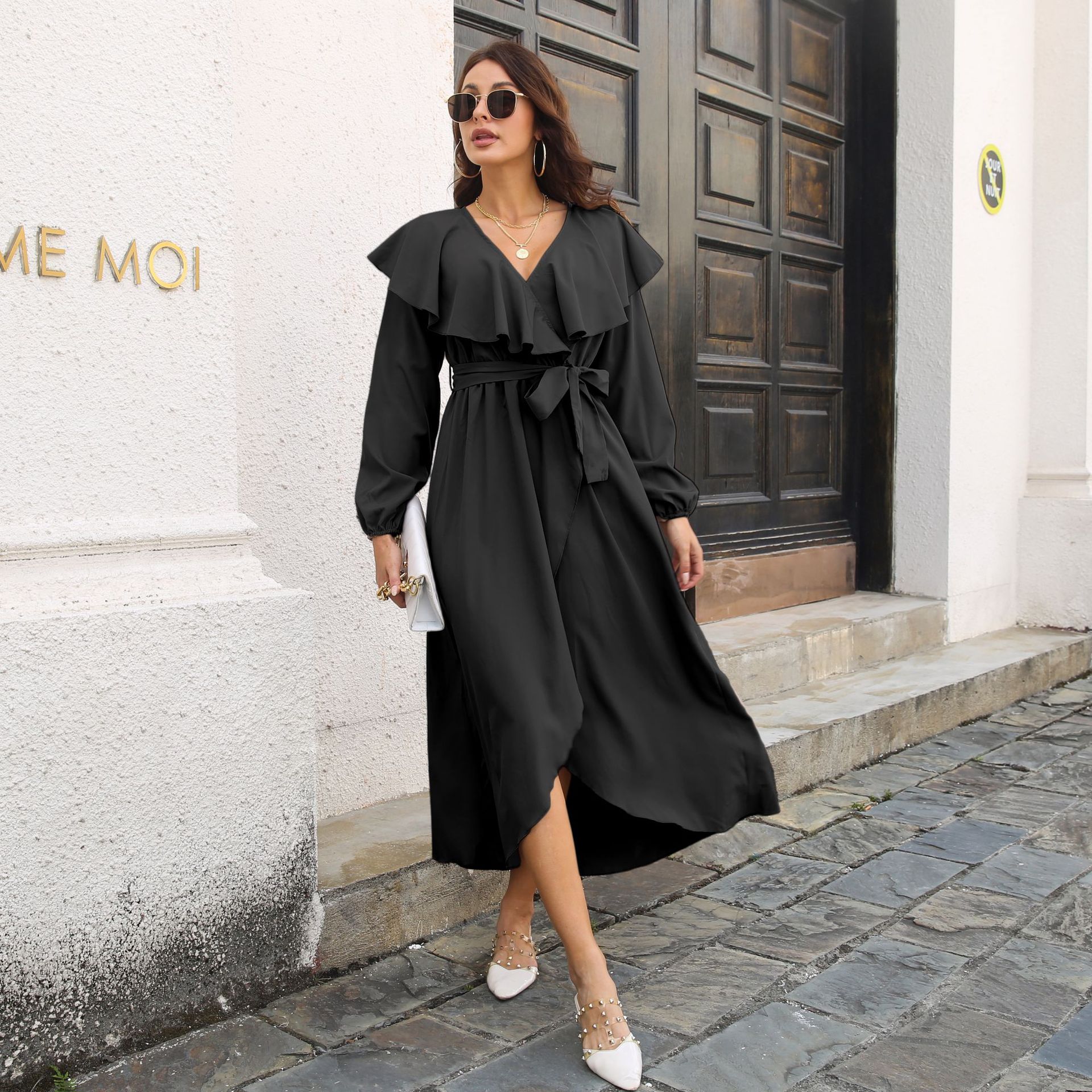 Ruffled V neck Long Sleeve Dress Wrap Split Expansion Maxi Dress Women Women Clothing 24 Ruffled V neck Long Sleeve Dress Wrap Split Expansion Maxi Dress Women Women Clothing