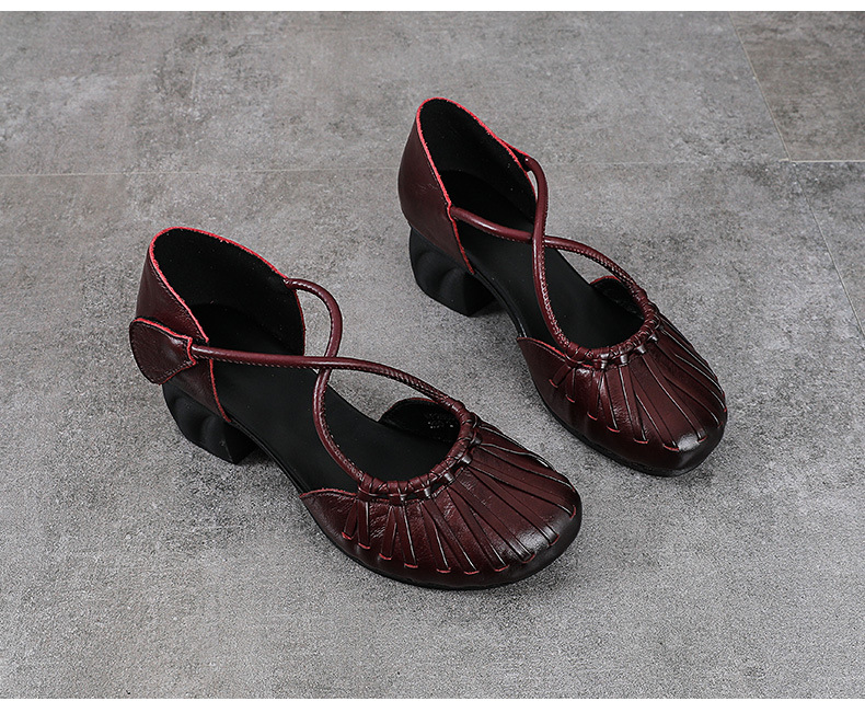 Sandal nữ da bò cao gót vuông mũi kín kiểu La Mã đan thủng — màu đen chi tiết 13