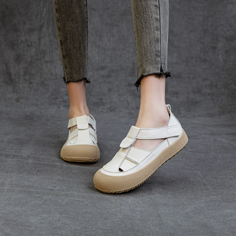 Женская обувь ручной работы, весенне-летние новые стильные сандалии из натуральной кожи с полым носком, ретро-римские туфли на толстой подошве с липучкой