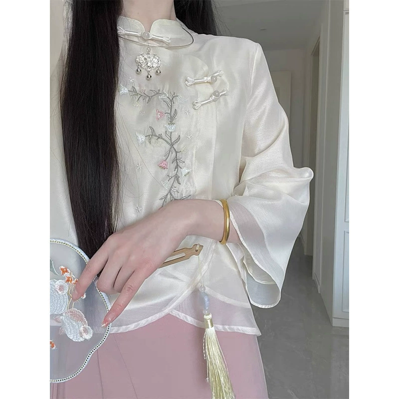 2025 Летний новый китайский костюм в китайском стиле новый китайский стиль женщин улучшенный китайский костюм рубашка комбинезон юбка набор из двух частей