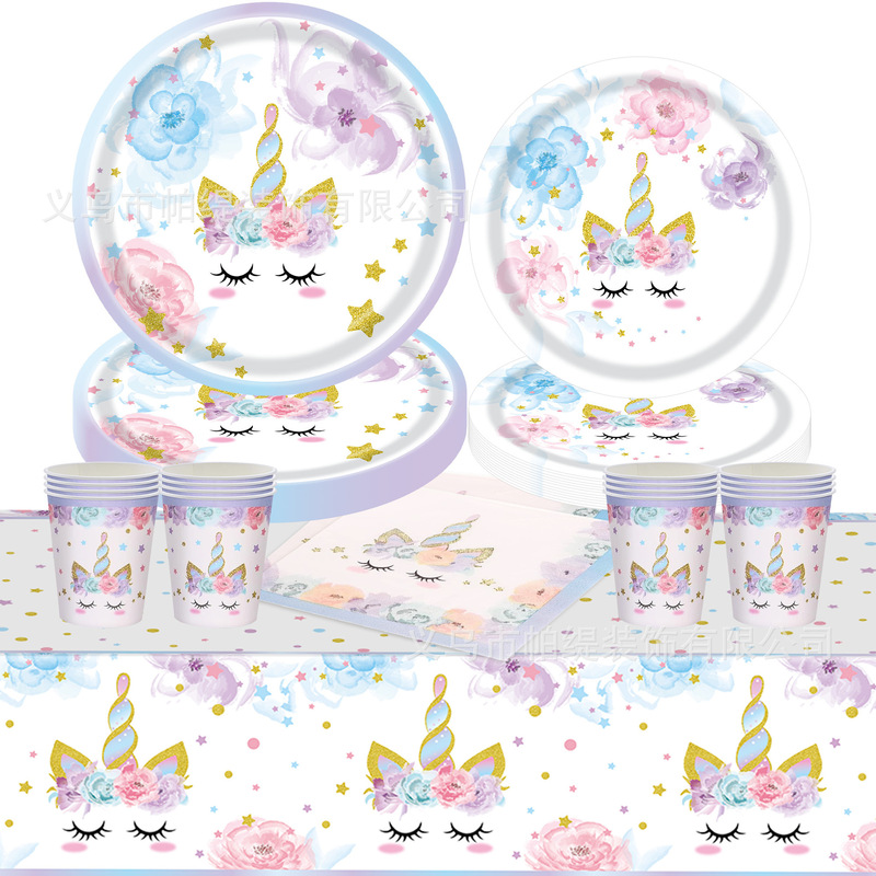 New Purple Flower unicorn theme birthday party decoration supplies tableware paper cup paper plate tissue suit